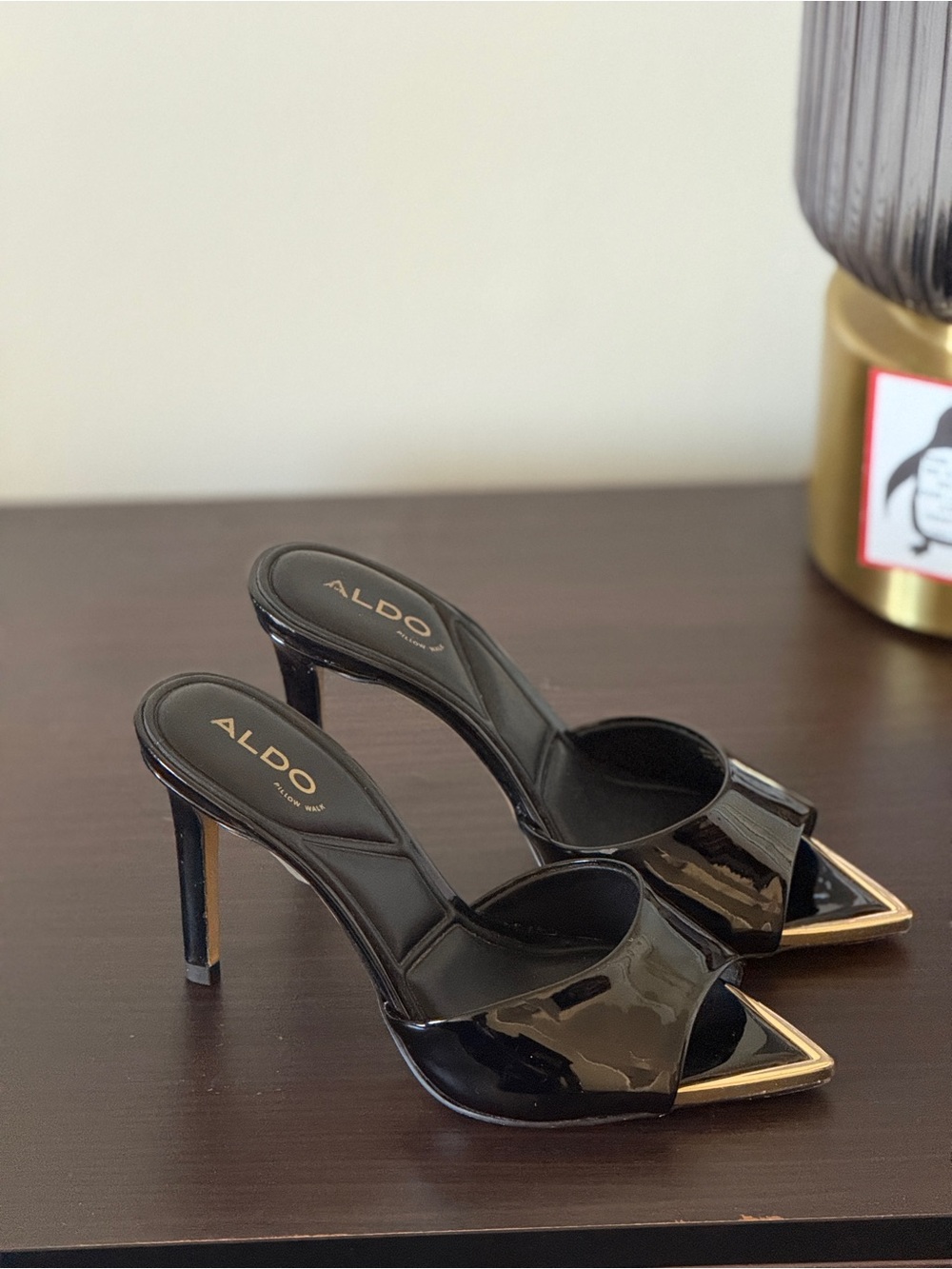 Aldo Black Patent Pointed Toe Mules with Gold Tip Accent